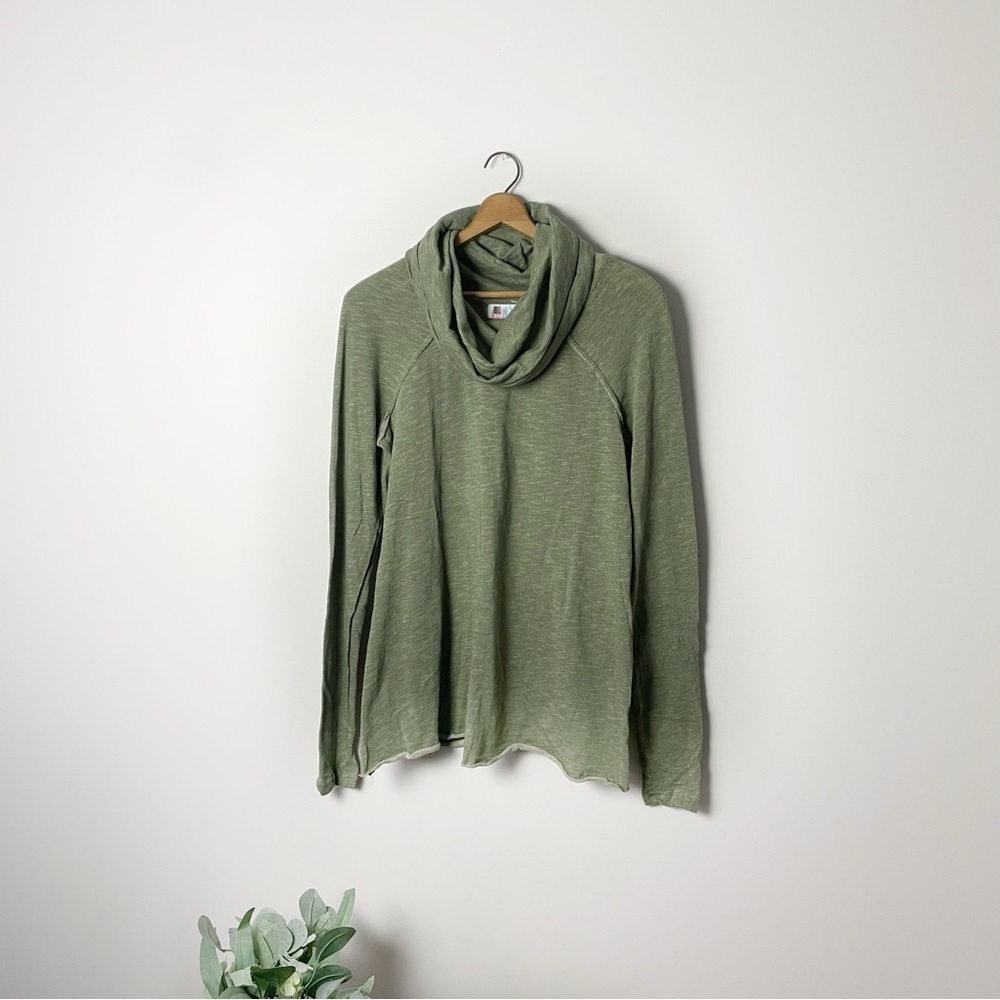 [Free People] Green Cowl Neck Raw Hem Boho Long Sleeve Top